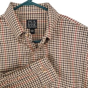 Jos. A. Bank Button Down Shirt Mens Large Tan Plaid Traveler's Collection Cotton